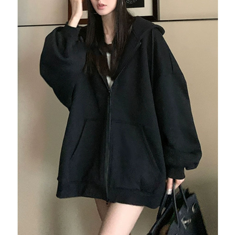 黑色连帽拉链卫衣外套女冬季加绒加厚慵懒风休闲宽松上衣2025秋季|undefined