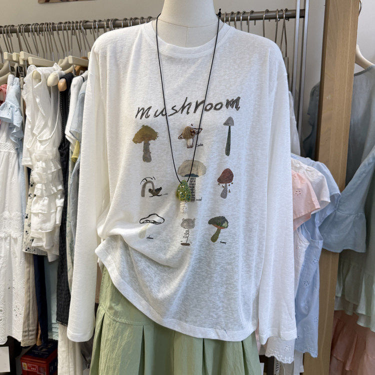 Korean Style 2026 Summer New Cute Mushroom Print Casual Versatile Sun-Protective Long-Sleeve T-Shirt Top Korean Style 2026 Summer New Cute Mushroom Print Casual Versatile Sun-Protective Long-Sleeve T-Shirt Top