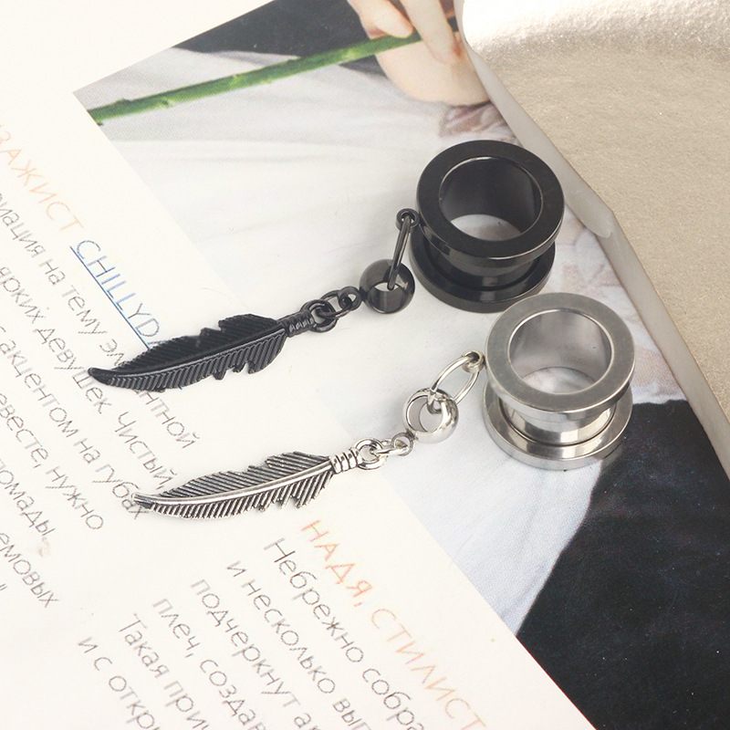 Black 25mm External Thread Leaf Pendant Ear Expander Plug 316L Surgical Steel Body Piercing Jewelry detail image 9