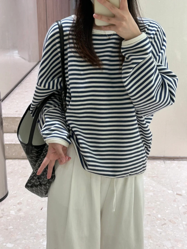 撞色条纹ins风宽松圆领卫衣长袖女2025秋季韩系松弛感百搭T恤上衣|undefined
