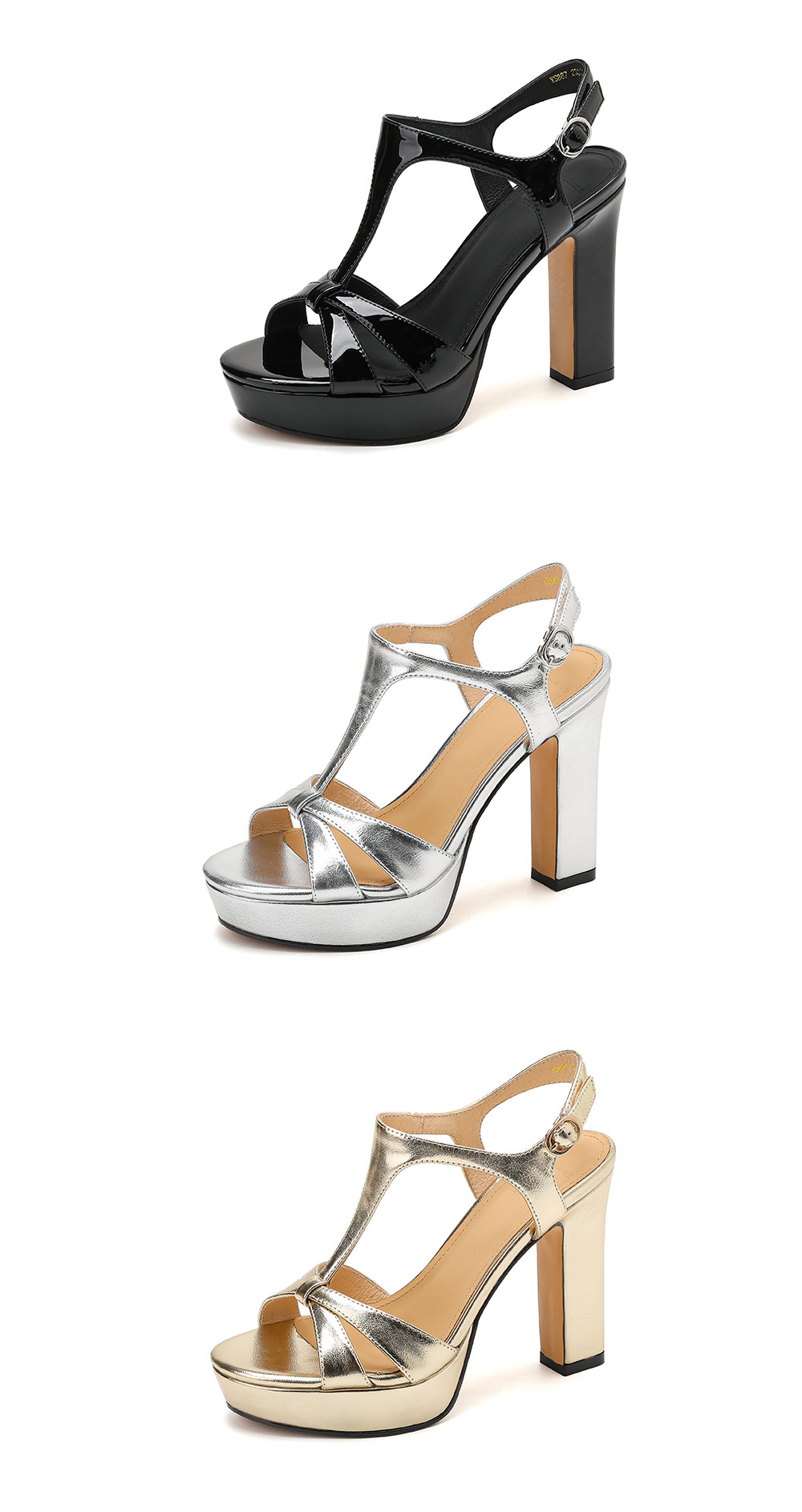Sandal cao gót nữ quai chéo hở mũi phong cách Pháp, gót vuông 9 cm, đế dày platform — màu đen, màu vàng, bạc chi tiết 21