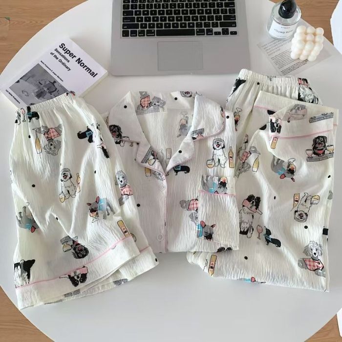 Pantalones cortos de tres piezas pantalones de manga corta verano nuevo estilo caliente dibujos animados casual lindo estilo cardigan pijamas mujeres nubes algodón