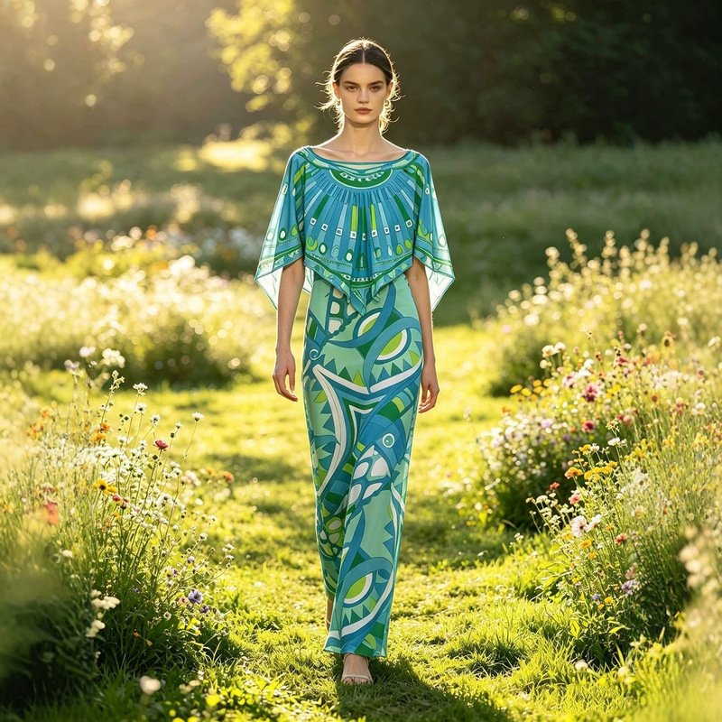 2027 Spring/Summer New Slim-Fit Long Dress with Straps + Stretchable Blouse Vintage Print Fashion Set for Women Cross-Border Trade 2027 Spring/Summer New Slim-Fit Long Dress with Straps + Stretchable Blouse Vintage Print Fashion Set for Women Cross-Border Trade