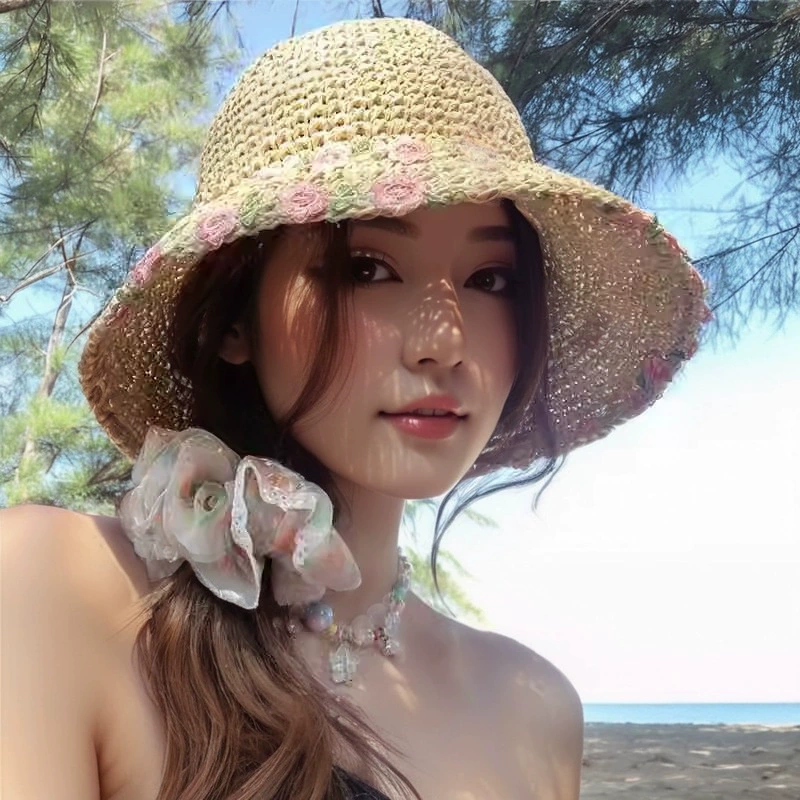 Дышащая брендовая вязаная крючком шляпа на солнечной батарее, летняя пляжная шляпа для путешествий, пляжный стиль