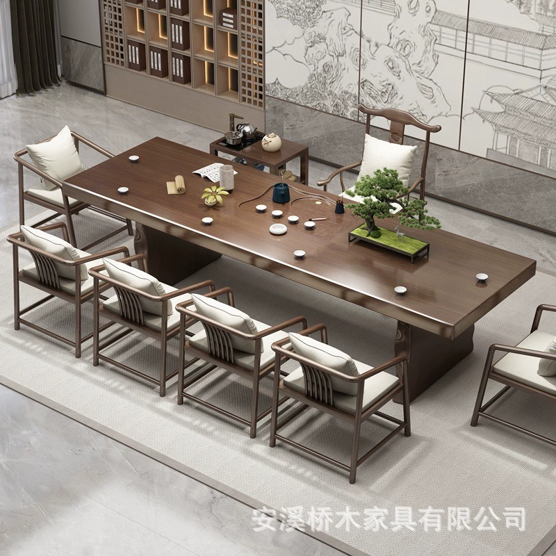 Новый китайский стиль: набор из массива дерева, большой чайный стол и стулья, современный минимализм для дома, офиса или приемной, чайный стол в стиле кунг-фу.