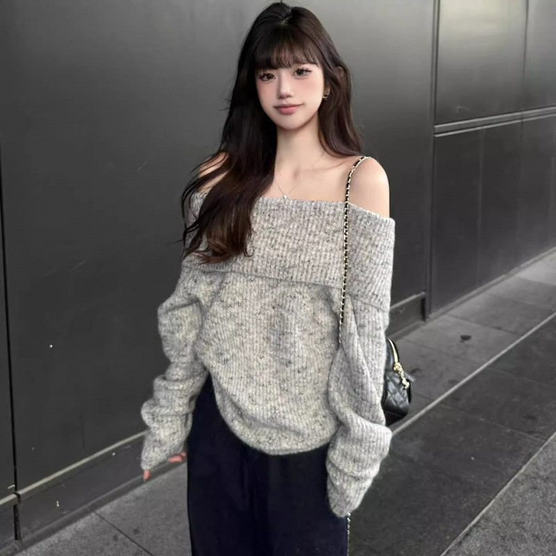 灰色露肩韩系套头毛衣女秋慵懒风宽松休闲显瘦气质小个子长袖上衣|undefined