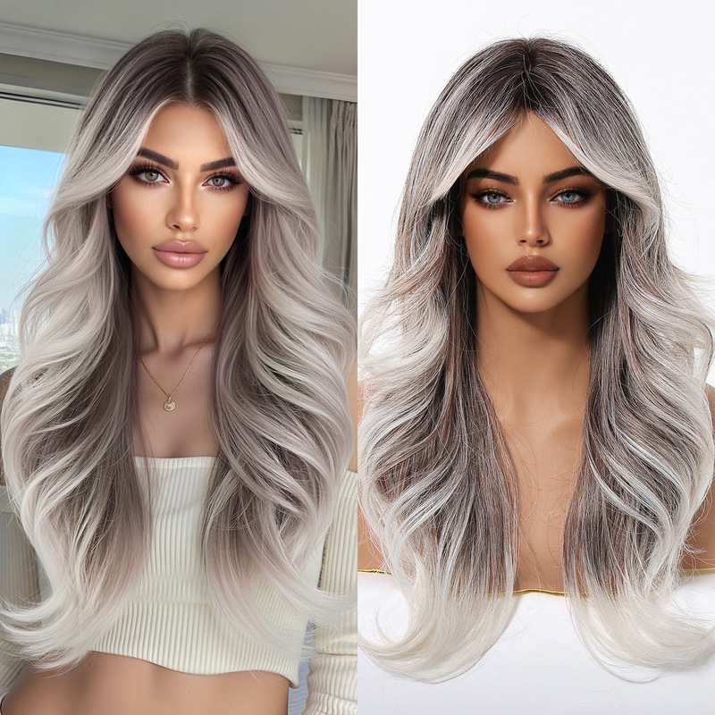 European and American Style Glue-Free Wig, Realistic Natural-Looking Long Curly Hair with Bangs, Rose Net Cap Full Wig