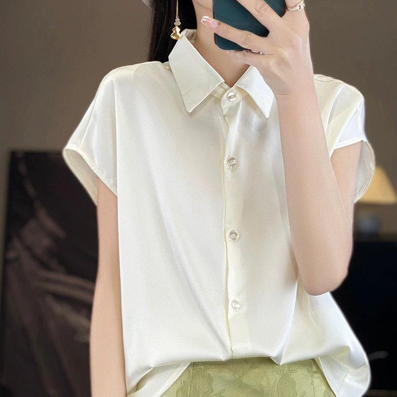 POLO воротник атласная рубашка женский сплошной цвет весна и лето 2024 новый темперамент дикая рубашка с короткими рукавами дизайн кардиган