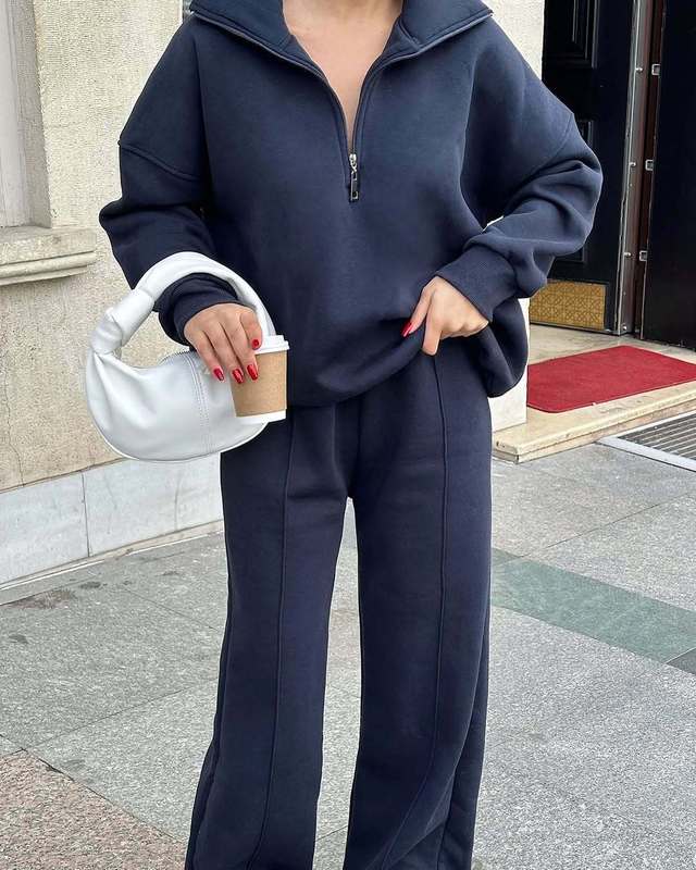 跨境欧美休闲女装时尚半开襟套头卫衣长裤两件套宽松休闲秋冬套装|undefined