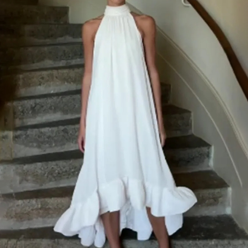 2025 Amazon transfronterizo nueva ropa de mujer europea y americana temperamento elegante y de moda vestido de cuello halter plisado de color sólido sin mangas