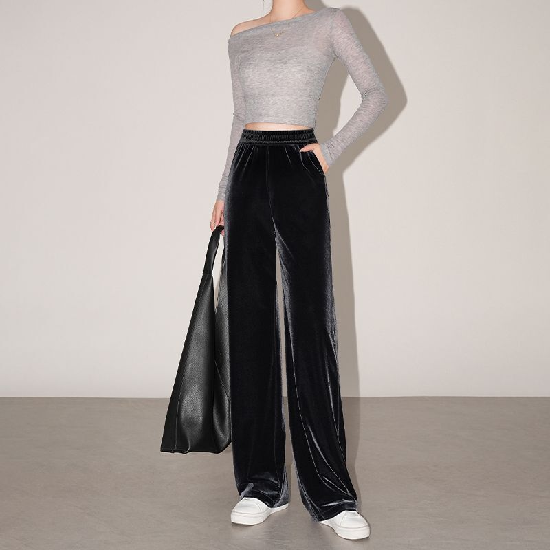 High-End Gray Velvet Wide-Leg Pants for Women, 2026 Spring and Autumn Style, Black Velvet Pants, Plus-Size Straight-Leg Casual Pants