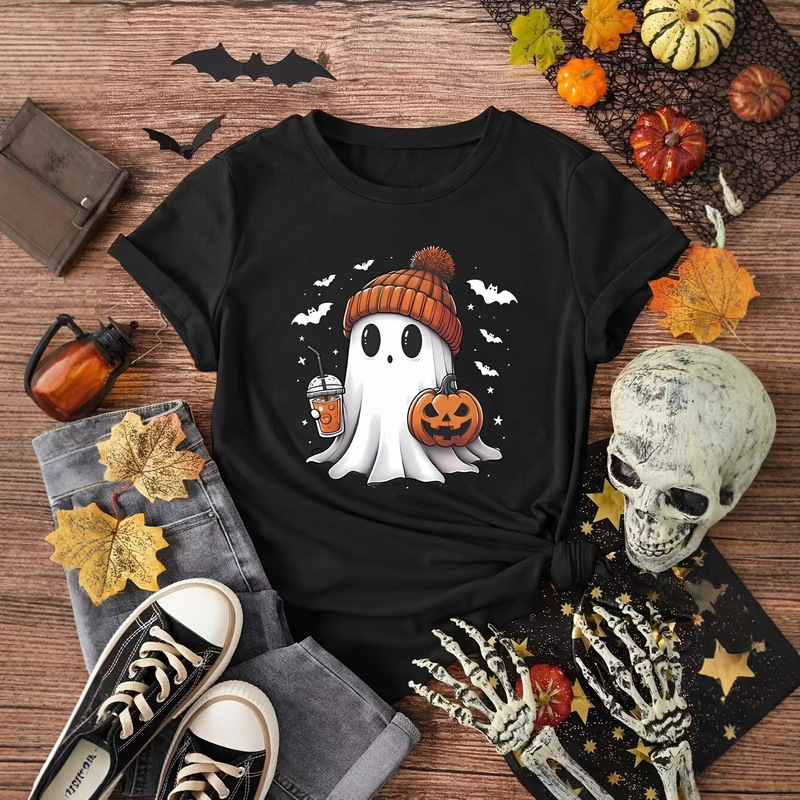 Ebay Aliexpress Women's Halloween Ghost Pumpkin Print Short Sleeve Large Size Loose Summer T-Shirt