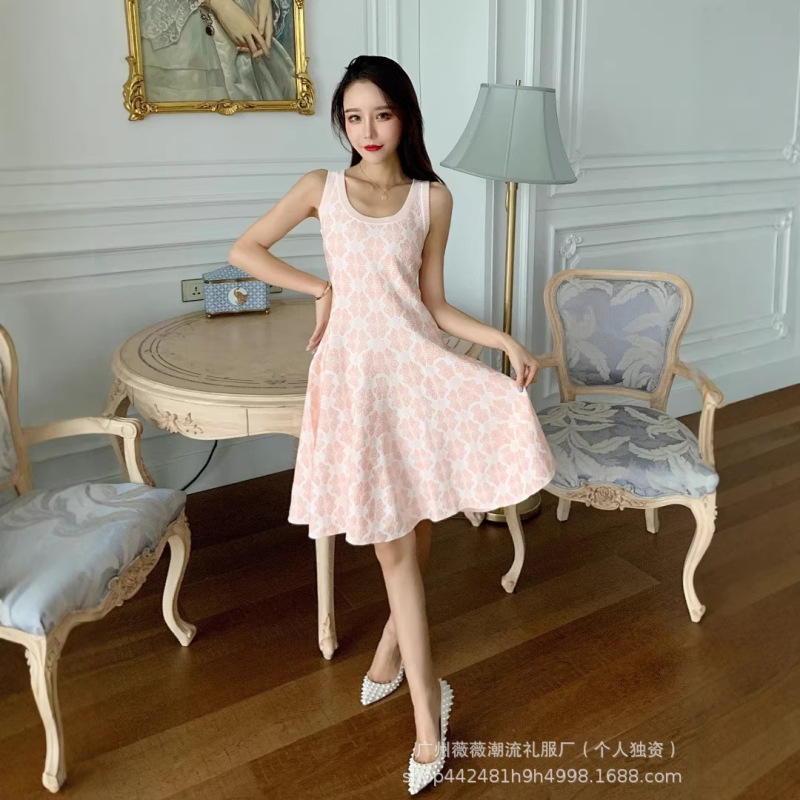 Cross-Border European and American Fashion Sleeveless Round Neck Alaia New Style Elegant Daily Commuting A-Line Jacquard Dress for Women
