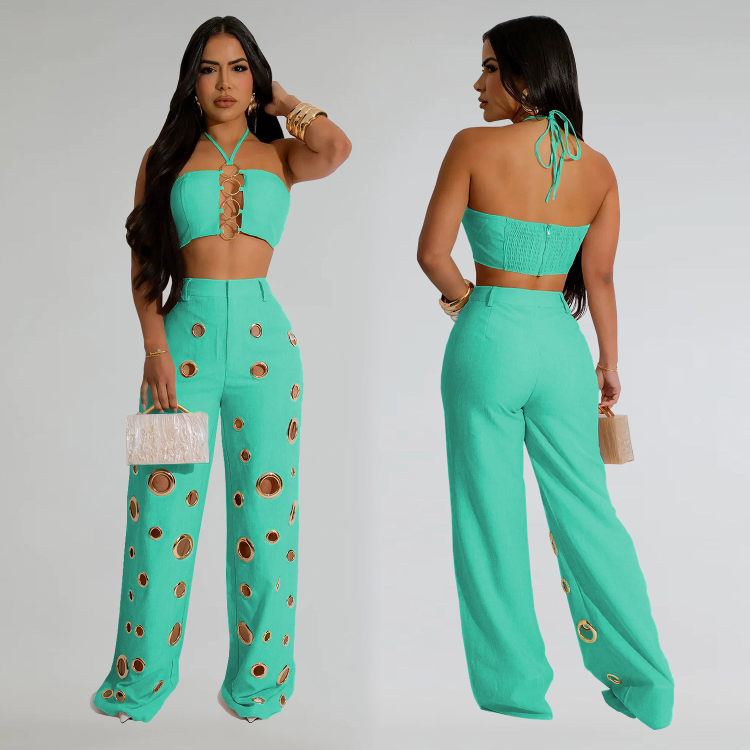 C7313 Cross-border AliExpress Amazon Moda europea y americana Pantalones de dos piezas con hebilla de metal de callos sexy para mujer Nuevo image 5