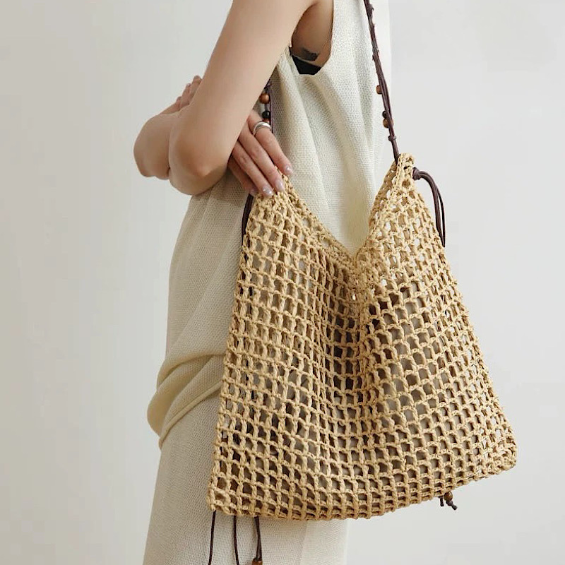 Summer Vacation Style Wooden Bead Tassel Straw Bag Handwoven Bag Beach Travel Lightweight Tote Bag Cut Out Armpit Bag