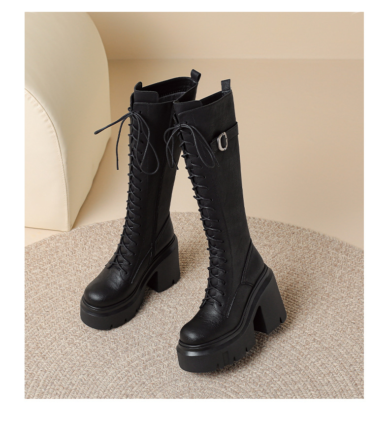 Boot nữ da thật cổ cao dây buộc gót 12 cm đế dày — Lót nhung đen chi tiết 8