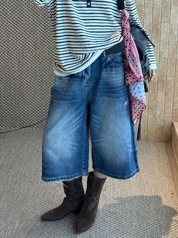 秋季新款韩版复古潮酷风破洞宽腰带牛仔裤直筒水洗休闲中裤女|undefined