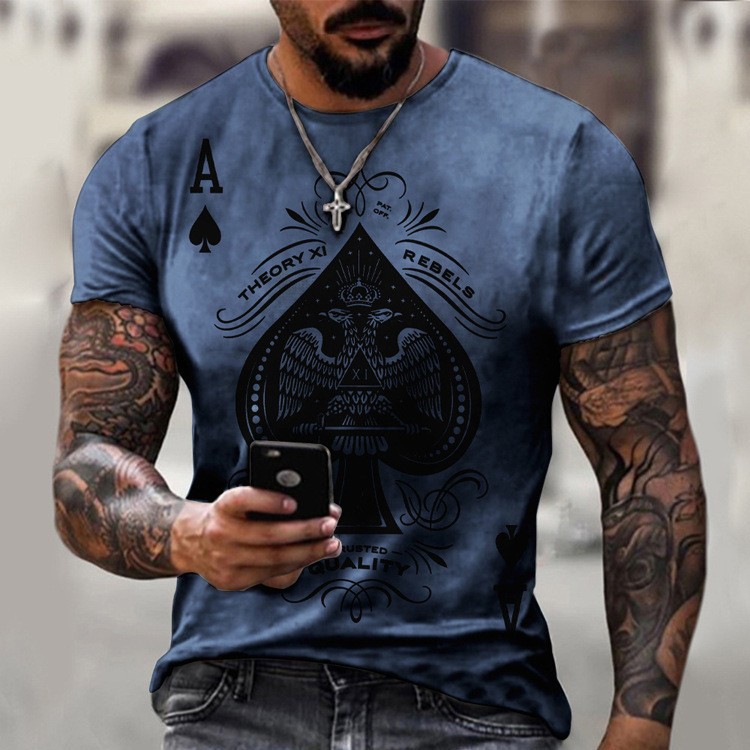 High Street Personality Poker Gambling God A Digital 3D Print Camiseta de manga corta suelta con ancho de hombro recto casual para hombres