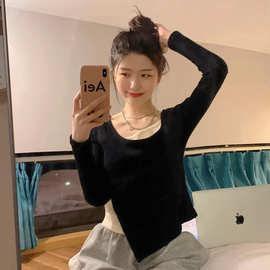 纯欲风辣妹短款上衣服女装春秋季2023新款设计感黑色长袖T恤批发