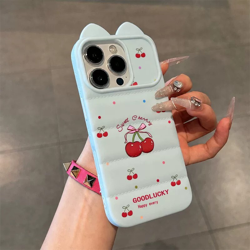Suitable for iPhone 17 Pro Max phone case, 3D cat ear puff wave pattern polka dot cherry apple 18 soft case Suitable for iPhone 17 Pro Max phone case, 3D cat ear puff wave pattern polka dot cherry apple 18 soft case