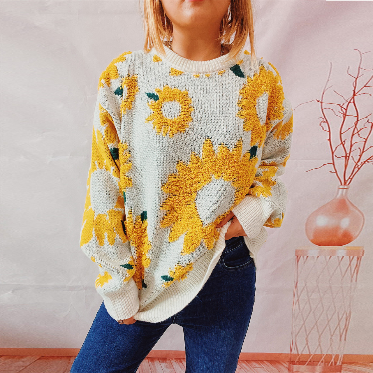 Women's Clothing autumn and winter tops sunflower jacquard round neck long sleeved knitted pullover sweater _voghion.com
