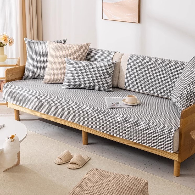 新款加厚老粗布沙发垫子四季通用防滑棉麻沙发坐垫千鸟格高档盖布