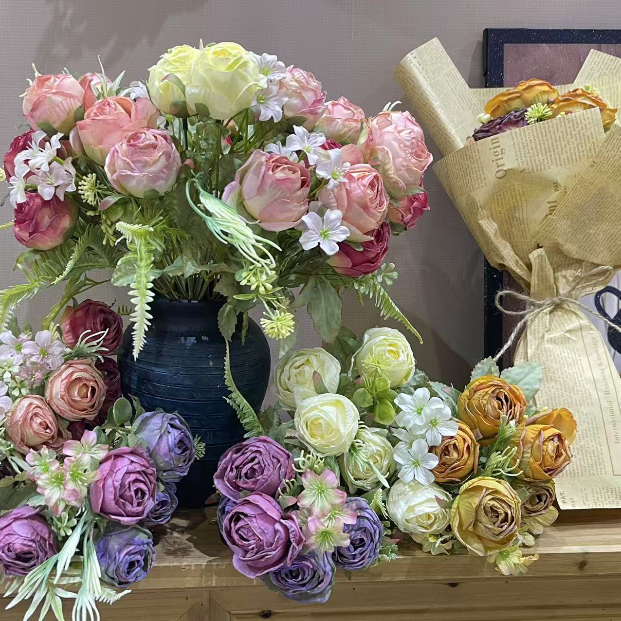 레트로 로즈 인공 꽃 혼합 색상 6 포크 로즈 버드 가짜 꽃 홈 웨딩 웨딩 장식 인공 꽃 꽃다발