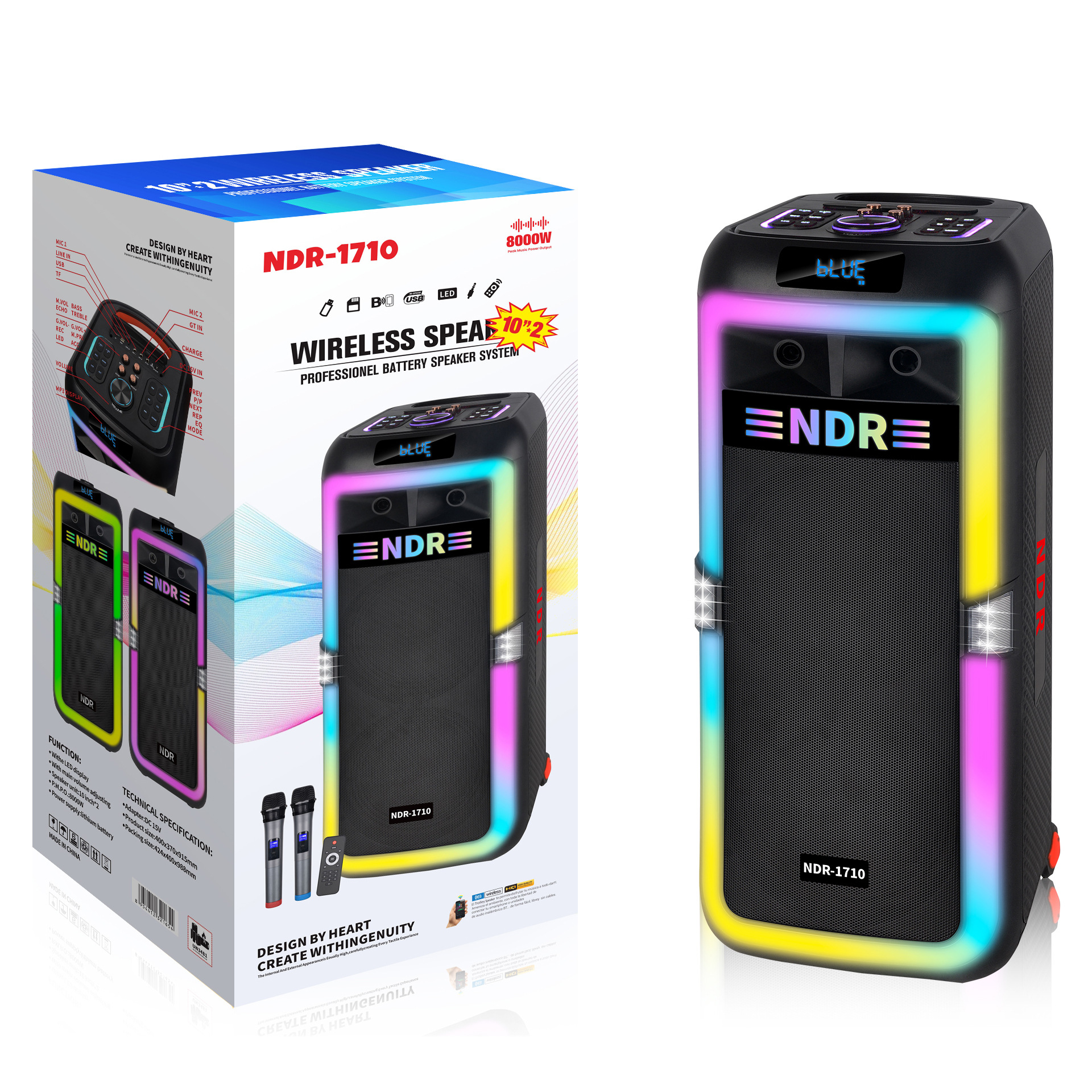 NDR 2*10寸蓝牙户外手提音箱家用广场舞便携多功能音响话筒带电瓶