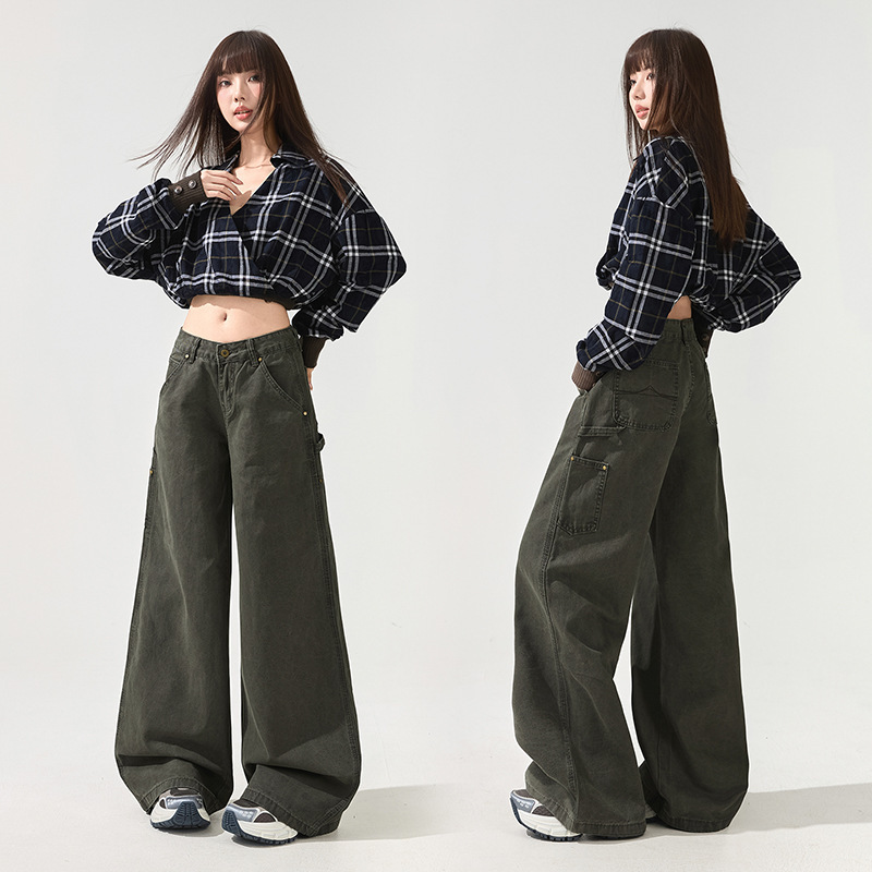 American-Style Military Green Work Pants for Women, Early Spring Multi-Pocket Retro Wide-Leg Loose Straight-Leg Versatile Casual Jeans