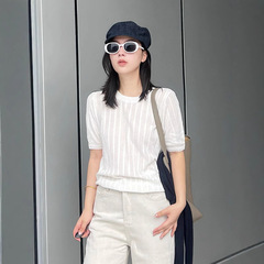 针织衫春夏新款白色桑蚕丝混纺棉套头针织衫女休闲短袖针织上衣