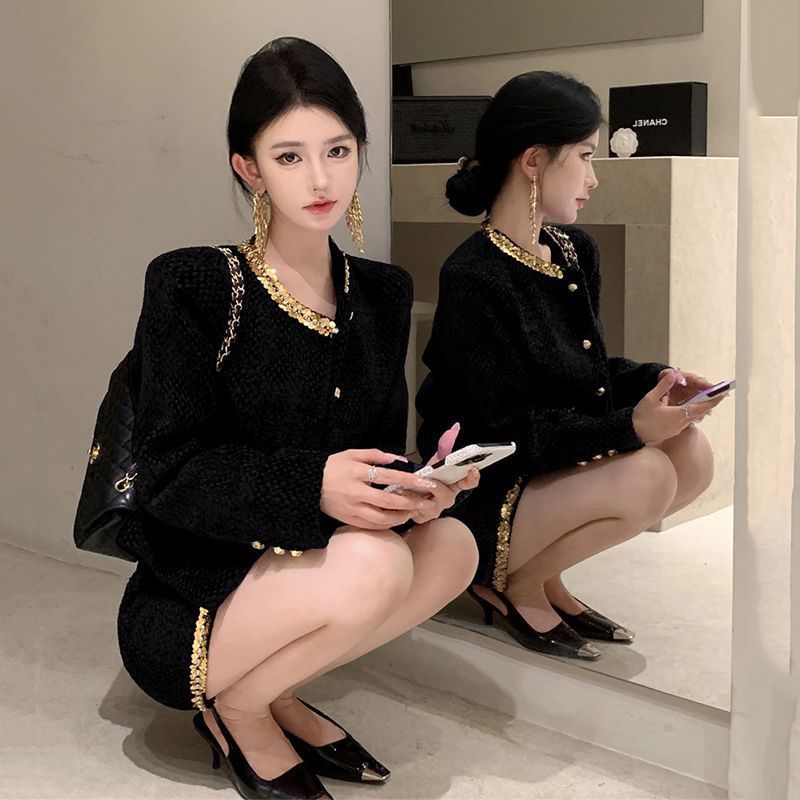 山力达迪富家千金小香风套装裙女名媛洋装亮片短外套秋冬季新款半|undefined