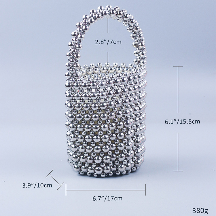 Handmade Beaded Bucket Bag for Women Spring Summer DIY Woven Pearl Party Handbag Trendy - Thumbnail 4