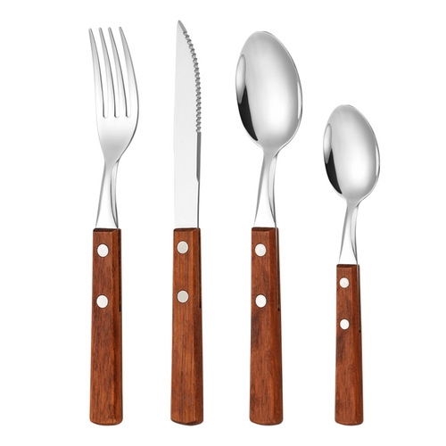 Clamp handle knife, fork and spoon 304 stainless steel four-piece set Japanese rosewood beech steak knife and fork Western tableware set
