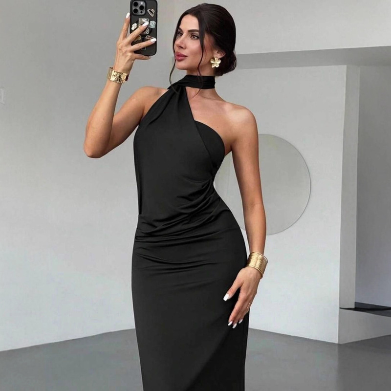 2025 Cross-Border European and American New Women's Clothing Elegant Halter Neck Slim Design Off-Shoulder Charming Dress Women G25D187