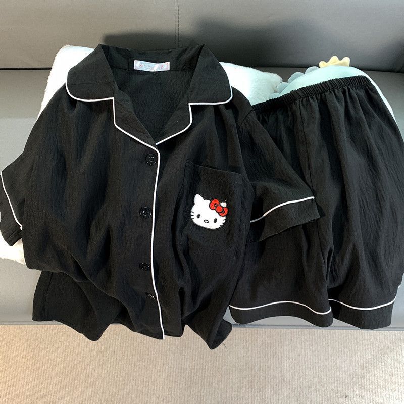 Pijama coreano de primavera y otoño lindo KT gatos cuadrícula pantalones cortos de manga corta cardigan set nubes algodón ropa de hogar se puede usar fuera