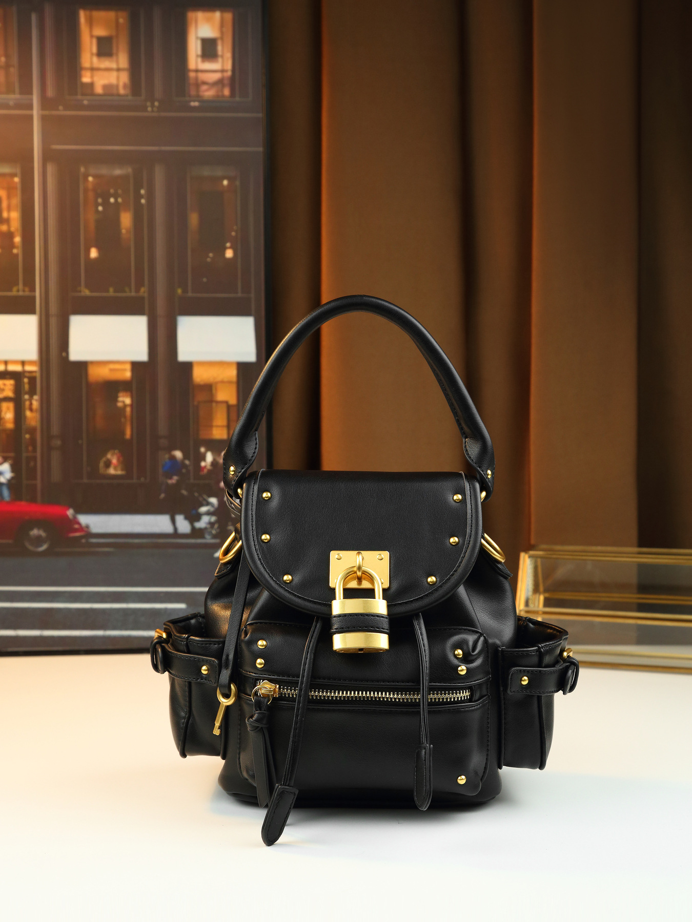 Borsa a mano retrò con lucchetto borchiato, media, multifunzionale, da donna, a tracolla, zaino da pendolare, in pelle PU con cerniera_voghion.com