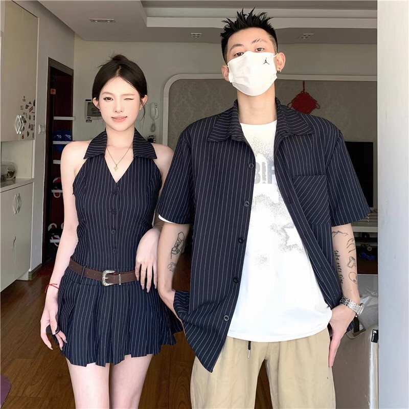 2023 Summer New Couple Clothing Striped Men's Casual Shirt Women's Sleeveless Hot Girl Style Dress