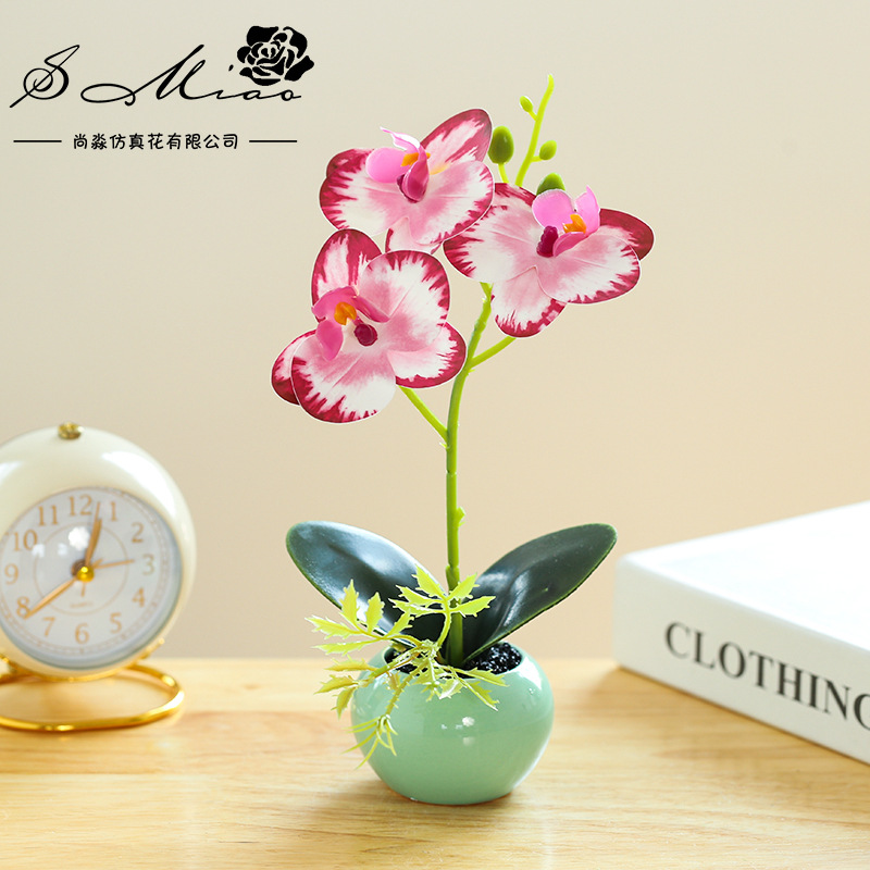 Popular flor artificial pequeña olla redonda de tres flores película Phalaenopsis bonsai creativo interior pequeña decoración artificial planta bonsai image 9
