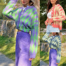 2021秋冬季亚马逊气质通勤欧美毛衣女单排扣印花圆领针织开衫外套