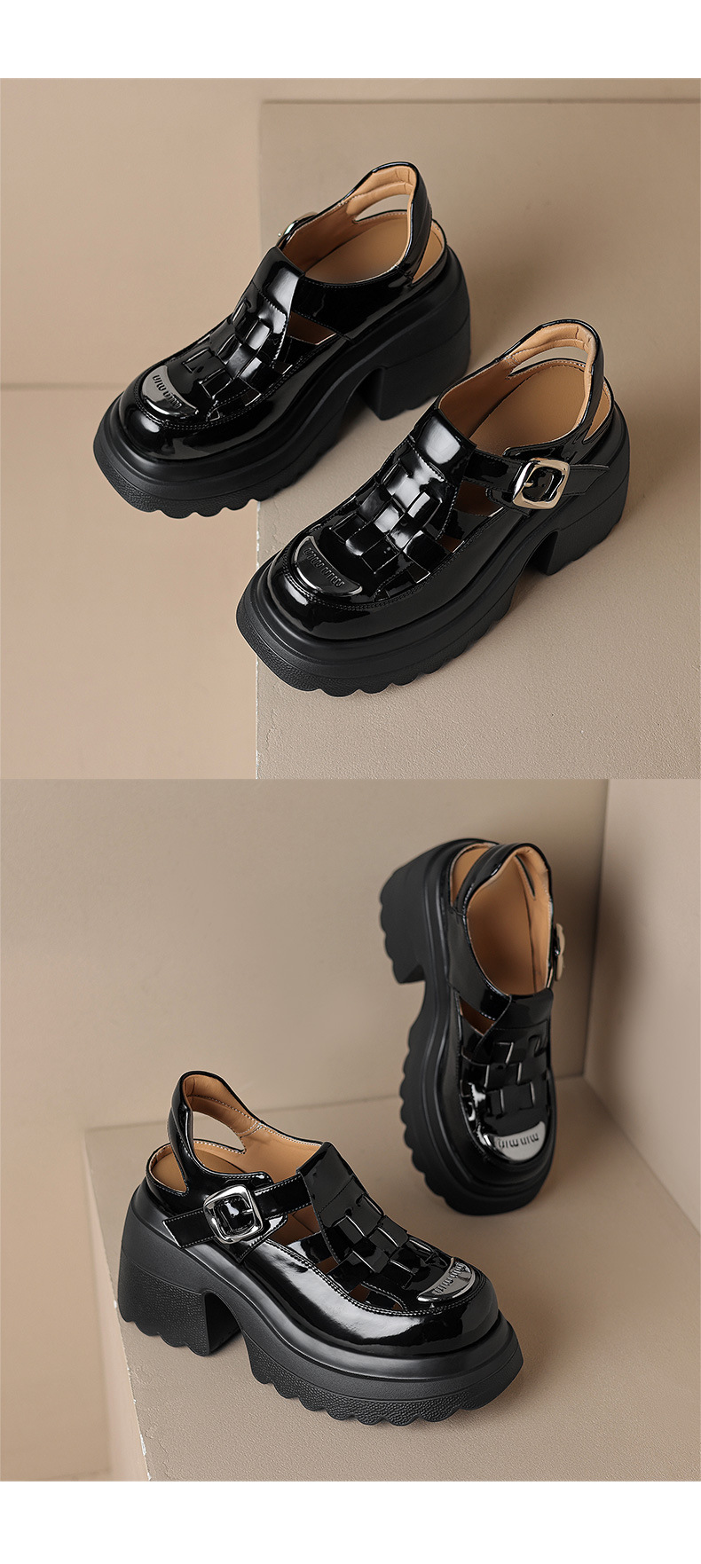 Sandal bít mũi đế dày da bóng phong cách La Mã, gót cao 10 cm — Màu be, Màu đen chi tiết 13