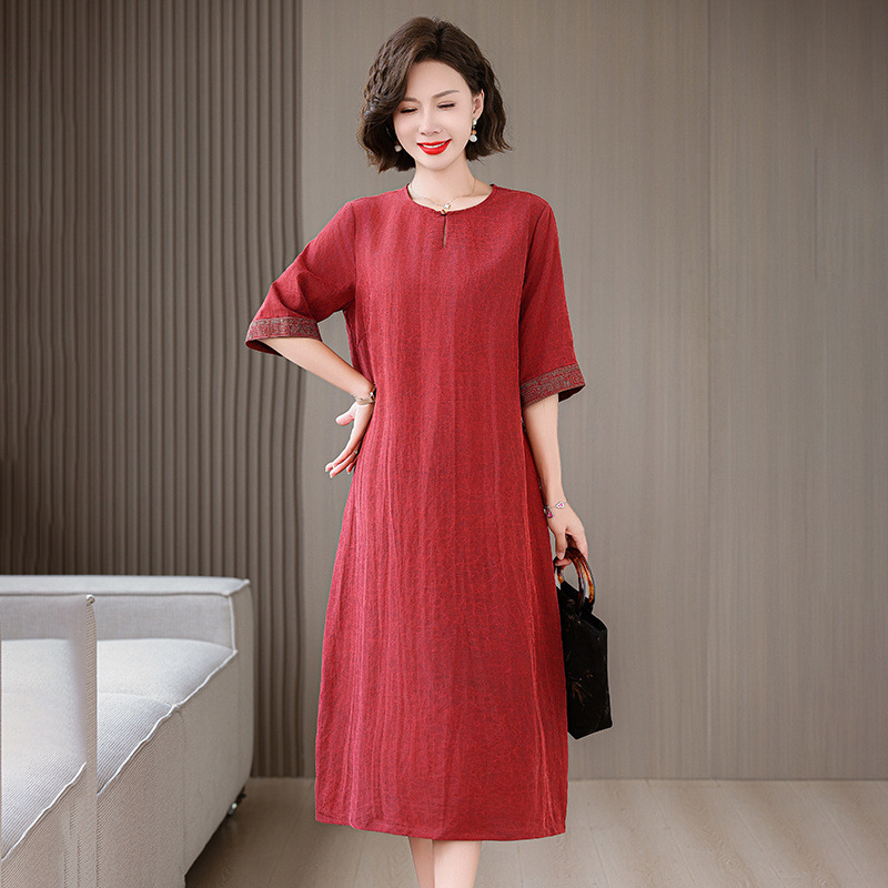 Quality Assurance, Age-Reducing, Plus-Size, Belly-Covering Summer New Silk Dress for Middle-Aged Moms, High-End Retro Dress