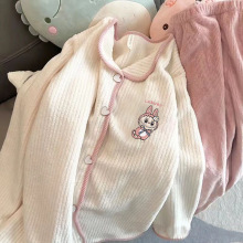 跨境睡衣女秋冬季卡通拉布布简约休闲开衫保暖珊瑚绒家居服