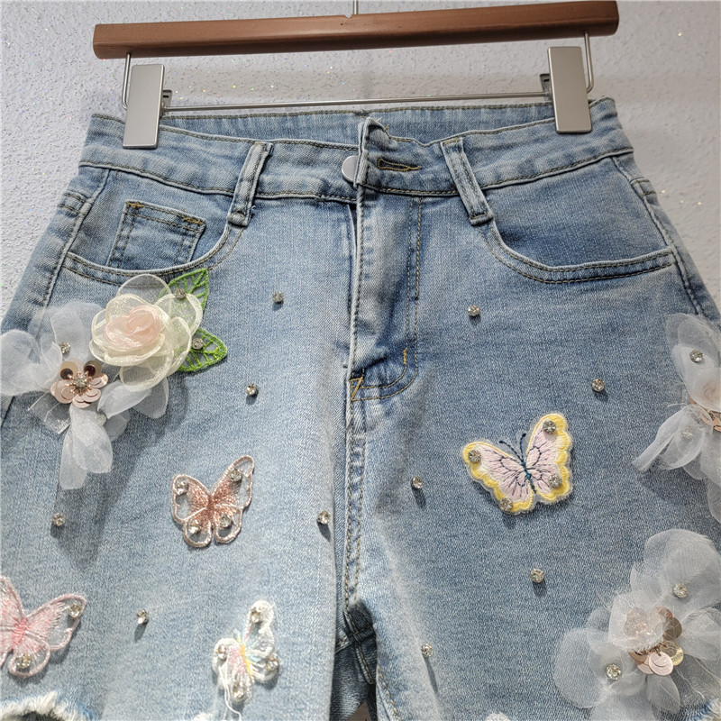 Pantalones Cortos Denim con Bordado para Mujer Corte Pierna Ancha con Cuentas image 3