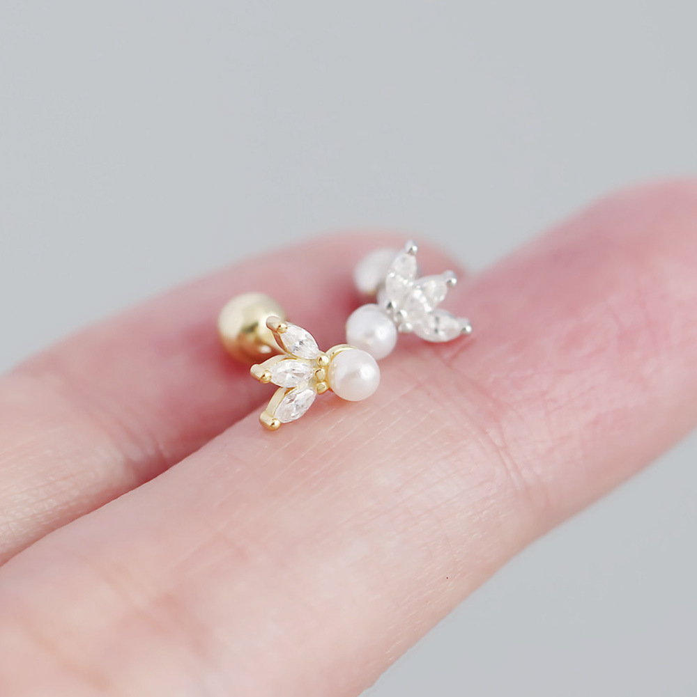 18K Real Gold Plated, Platinum Plated Plating Material Artificial Pearls, Zircon Inlay Material 1 Pair 925 Sterling Silver Artificial Pearls Zircon Geometric Ear Studs