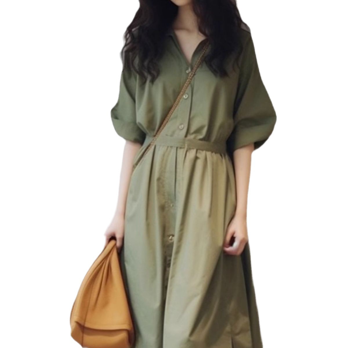 Đầm maxi cổ chữ V xanh lá rộng rãi dáng quả lê mùa hè — Váy liền màu xanh lá