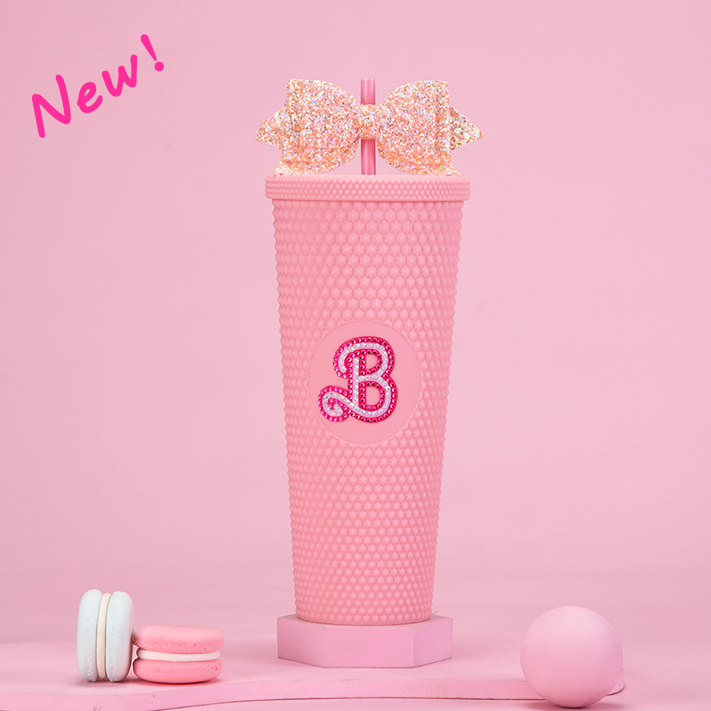 Taza de paja de plástico de doble capa 710ml taza de paja de gran capacidad con brillo arco mano taza Durian taza