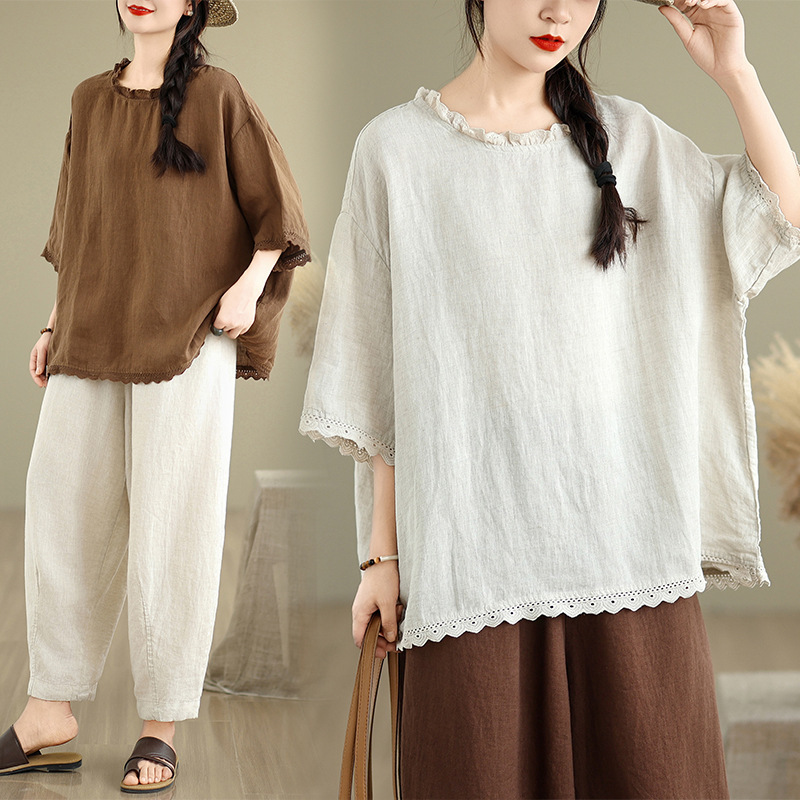 2025 New Summer Linen Artistic Style Lace Casual Versatile Women's Tops