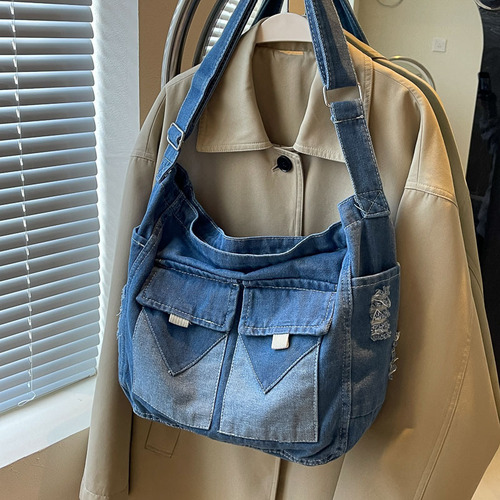 2024 New Denim Bag Large Capacity Tote Bag Trendy Versatile Shoulder Bag Student Casual Style Crossbody Bag