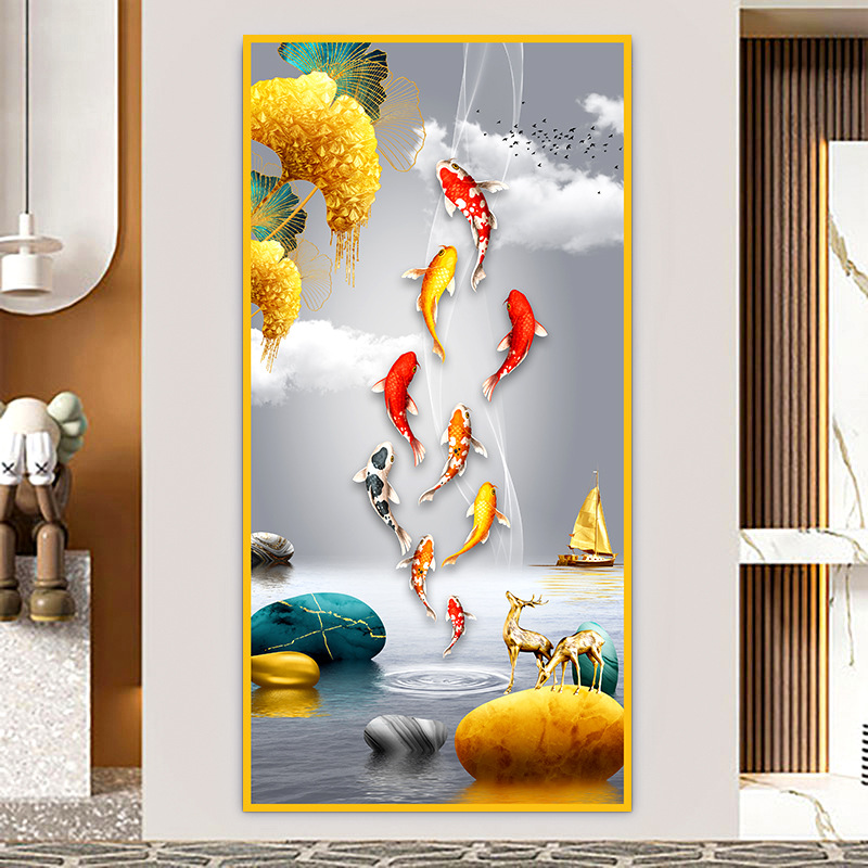 Pintura de entrada de pintura tradicional china Pintura de decoración del pasillo frente a la puerta Pasillo de nueve peces Pintura colgante de fondo de lujo ligero Pintura mural