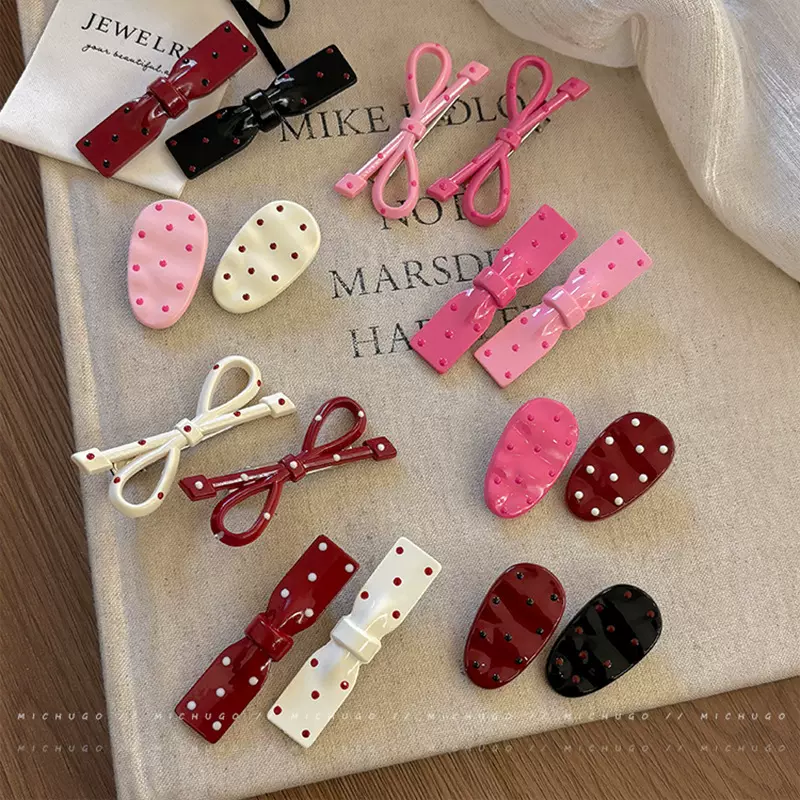 甜美波点蝴蝶结椭圆发夹女前额侧边刘海夹碎发鸭嘴夹儿童发卡头饰